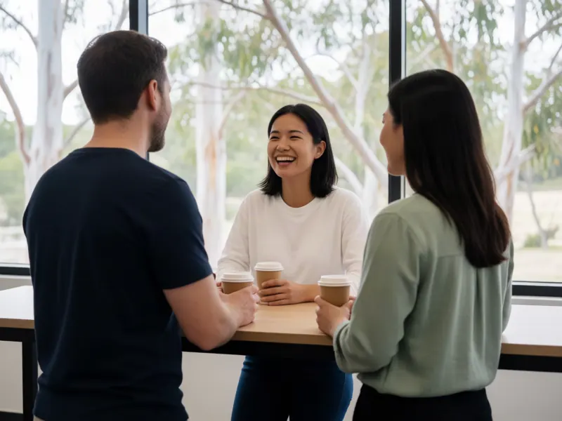 Three colleagues talking and laughing over coffee at a high table in a bright Australian office with gum trees outside the window
